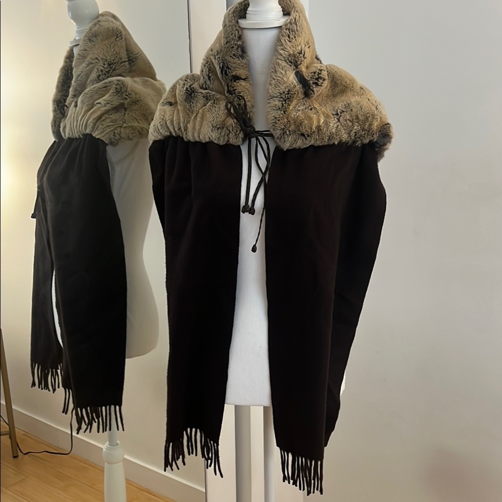 Fendi Black and Brown Rabbit Fur and Cashmere Fringe Scarf with leather ties